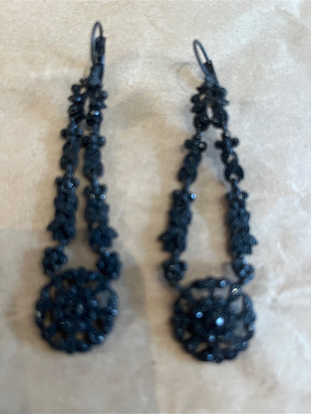 Black Beaded Lace Drop Earrings - Women Jewelry METALTONE  3”